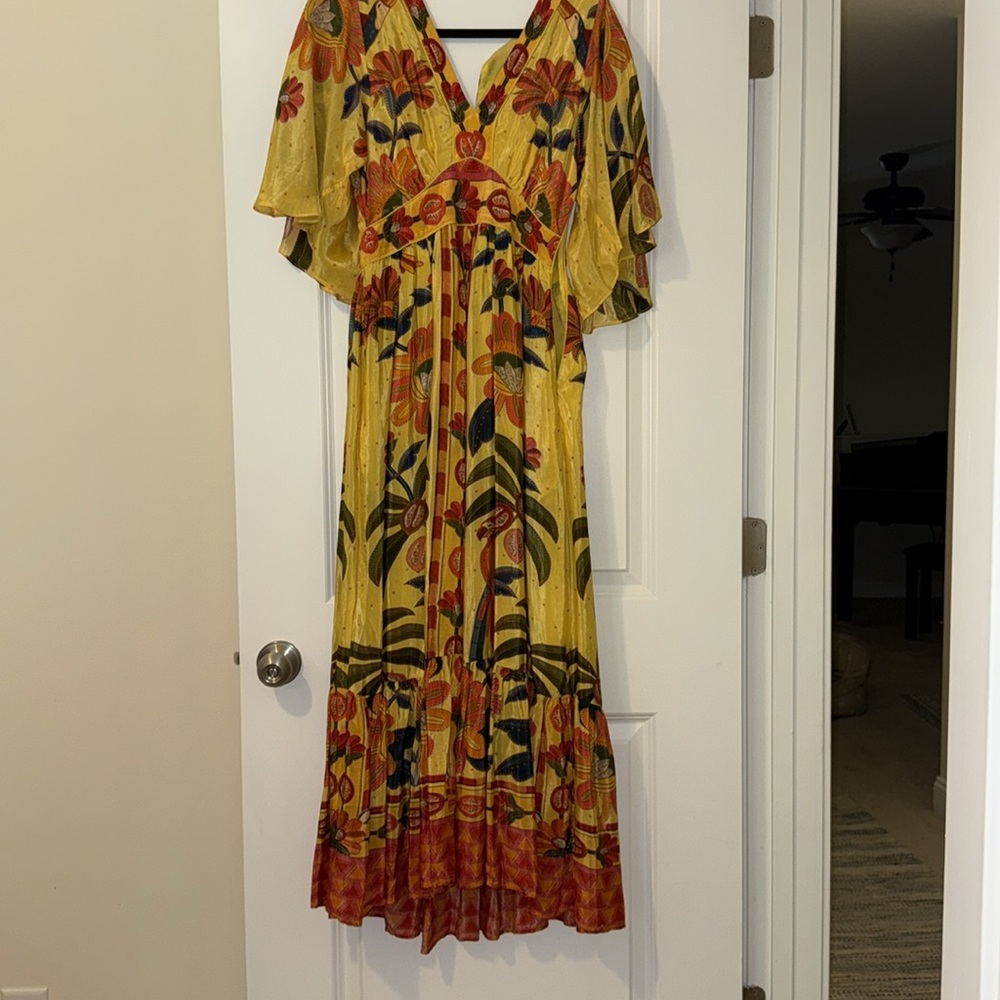 Farm Rio Yellow Midi Dress Flutter Sleeves NWT Size XS - Picture 3 of 4